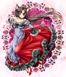 Rule 34 | 1girl, animal ears, blush, breasts, brooch, brown hair, cleavage, collar, covered navel, dress, embellished costume, fingernails, frills, full body, high heels, highres, imaizumi kagerou, jewelry, kamiya tomoe, large breasts, leash, long fingernails, long hair, long sleeves, looking at viewer, pink eyes, red eyes, red footwear, shirt, shoes, skirt, smile, solo, tail, touhou, very long hair, wide sleeves, wolf ears, wolf tail