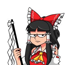 Rule 34 | 1girl, :/, aimturein, angry, ascot, black hair, bow, detached sleeves, frilled bow, frilled hair tubes, frills, frown, gohei, hair bow, hair tubes, hakurei reimu, highres, parted bangs, red bow, ribbon-trimmed sleeves, ribbon trim, simple background, solo, touhou, white background