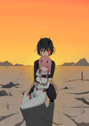 Rule 34 | 10s, 1boy, 1girl, absurdres, black bodysuit, black hair, blood, blood from mouth, bloody tears, bodysuit, breasts, closed eyes, colored sclera, couple, darling in the franxx, fringe trim, gloves, hetero, highres, hiro (darling in the franxx), holding hands, horns, hug, hug from behind, long hair, looking at viewer, lq-17, medium breasts, oni horns, pilot suit, pink hair, red horns, red sclera, short hair, sitting, squatting, white bodysuit, white gloves, yellow pupils, zero two (darling in the franxx)