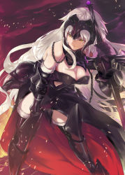 Rule 34 | 1girl, armor, bare shoulders, black footwear, black gloves, boots, breasts, cape, ceda (dace), chain, cleavage, clothing cutout, covered erect nipples, cowboy shot, detached sleeves, fate/grand order, fate (series), faulds, gloves, greaves, headpiece, holding, holding weapon, jeanne d&#039;arc (fate), jeanne d&#039;arc alter (avenger) (fate), jeanne d&#039;arc alter (avenger) (third ascension) (fate), jeanne d&#039;arc alter (fate), large breasts, leaning forward, leaning on object, long hair, looking away, navel cutout, slit pupils, smile, solo, standing, sweat, sword, thigh boots, thighhighs, thighs, vambraces, weapon, white hair, yellow eyes