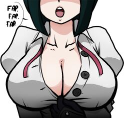 Rule 34 | 1girl, black hair, breasts, cleavage, close-up, encouragement, english text, large breasts, looking at viewer, mosbles, neck ribbon, open mouth, pulling, repetition, setena (sumata cafe), shadow, shirt, solo, speech bubble, teeth, unbuttoned, unbuttoned shirt, undone neck ribbon, white background, white shirt