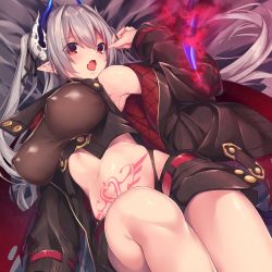 Rule 34 | 1girl, breasts, demon girl, demon tail, hetaren (ramark), highres, horns, large breasts, open mouth, original, pointy ears, red eyes, solo, tail, twintails, white hair
