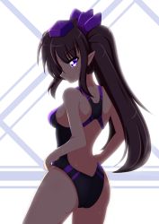 Rule 34 | 1girl, adjusting clothes, adjusting swimsuit, ass, backlighting, black hair, competition swimsuit, from behind, hat, himekaidou hatate, kagayama hajime, long hair, one-piece swimsuit, pointy ears, ponytail, purple eyes, solo, swimsuit, tokin hat, touhou