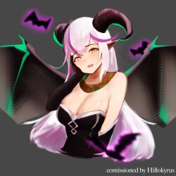 Rule 34 | 1girl, absurdres, bare shoulders, blush, breasts, cleavage, demon girl, demon horns, elbow gloves, gloves, grand summoners, hand on own cheek, hand on own face, hand up, highres, horns, large breasts, long hair, looking at viewer, pointy ears, puppuppa, riviera (grand summoners), strapless, upper body, wings