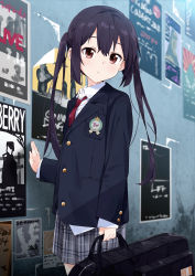 Rule 34 | 1girl, absurdres, badge, black hair, black jacket, brown eyes, buttoned cuffs, buttons, collared shirt, grey skirt, guitar case, hand on wall, highres, holding, instrument case, jacket, k-on!, looking at viewer, mousou (mousou temporary), nakano azusa, parted lips, plaid, plaid skirt, pleated skirt, poster (object), red neckwear, school uniform, shirt, sidelocks, skirt, solo, standing, twintails, wall, white shirt