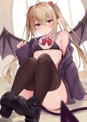Rule 34 | 1girl, absurdres, ahoge, arm support, bikini, black bikini, black footwear, blurry, blurry foreground, blush, bow, breasts, brown hair, brown thighhighs, brown wings, closed mouth, collar, commentary request, demon girl, demon tail, demon wings, depth of field, detached collar, frilled collar, frills, hair between eyes, hair bobbles, hair ornament, hand up, highres, jacket, knees up, loafers, long hair, long sleeves, looking at viewer, nail polish, nose blush, off shoulder, open clothes, open jacket, original, pink nails, pointy ears, purple jacket, racchi., red bow, red eyes, shoe soles, shoes, sleeves past wrists, small breasts, solo, swimsuit, tail, thighhighs, twintails, very long hair, wing collar, wings