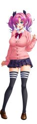 Rule 34 | 1girl, absurdres, bishop (company), black thighhighs, blue eyes, bow, breasts, cardigan, eyes visible through hair, hair bow, hair intakes, hand up, happy, highres, large breasts, looking at viewer, multicolored hair, niijima neiro, open mouth, pink cardigan, pink hair, plaid, plaid skirt, school uniform, shinshoku, shoes, skirt, smile, solo, thighhighs, twintails