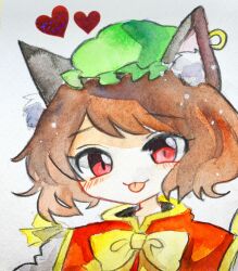 Rule 34 | 1girl, :p, animal ear fluff, animal ear piercing, animal ears, blush, bow, bowtie, brown hair, cat ears, chen, commentary request, earrings, gold trim, green hat, hat, heart, highres, jewelry, key747h, looking at viewer, mob cap, red eyes, red vest, short hair, simple background, single earring, solo, swept bangs, tongue, tongue out, touhou, traditional media, upper body, vest, white background, yellow bow, yellow bowtie