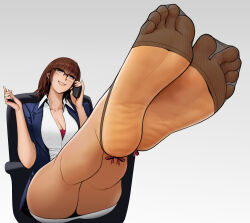Rule 34 | 1girl, barefoot, blue eyes, breasts, brown hair, cellphone, chair, cleavage, feet, foot focus, glasses, highres, long hair, looking at viewer, medium breasts, miniskirt, office chair, office lady, parted lips, phone, see-through, see-through legwear, skirt, smartphone, smile, soles, solo, source request, swivel chair, toes