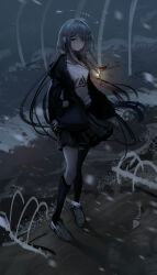 Rule 34 | 1girl, absurdres, black jacket, black skirt, black socks, black thighhighs, blue eyes, breasts, chinese commentary, closed mouth, commentary, commentary request, english commentary, fish skeleton, floating hair, full body, grabbing own arm, grey hair, halo, highres, jacket, kneehighs, lemtun, long hair, looking at viewer, medium breasts, mixed-language commentary, open clothes, open jacket, original, shirt, single sock, single thighhigh, skirt, sleeves past elbows, snow, socks, solo, standing, textless version, thighhighs, variant set, white footwear, white shirt