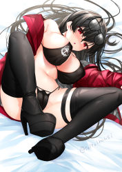 Rule 34 | 1girl, :o, absurdres, ahoge, azur lane, bad id, bad pixiv id, bare shoulders, bed sheet, bikini, black bikini, black choker, black footwear, black hair, blush, boots, breasts, choker, cleavage, commentary request, commission, covered erect nipples, crossed bangs, eyewear on head, full body, groin, hair between eyes, high heel boots, high heels, highleg, highleg bikini, highres, jacket, large breasts, long hair, looking at viewer, lying, midriff, multi-strapped bikini bottom, multiple straps, navel, nose blush, off shoulder, official alternate costume, on side, one side up, pixiv commission, print bikini, race queen, red eyes, red jacket, sidelocks, skindentation, solo, swimsuit, taihou (azur lane), taihou (enraptured companion) (azur lane), teltelhousi, thigh boots, thigh strap, thighhighs, twitter username, very long hair