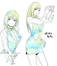 Rule 34 | 1girl, alcohol, alternate costume, asymmetrical bangs, bartender, bow, bowtie, breasts, cocktail shaker, cup, earrings, final fantasy, final fantasy vii, final fantasy vii remake, holding, holding cup, jewelry, large breasts, liquor, long hair, long sleeves, looking at viewer, low-tied long hair, pencil skirt, shirt, shouyu (soysoy), skirt, smile, solo, tifa lockhart, vest, white background