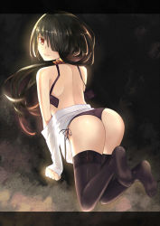 Rule 34 | 10s, 1girl, absurdres, ass, bare back, black hair, black panties, black thighhighs, bra, breasts, clothes pull, date a live, feet, from behind, gradient background, hair over one eye, highres, long hair, looking at viewer, looking back, mr.blackcat666, no pants, no shoes, off shoulder, open bra, panties, shirt, shirt pull, side-tie panties, solo, thighhighs, thong, tokisaki kurumi, twintails, underwear, unfastened, yellow eyes