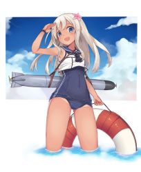Rule 34 | 10s, 1girl, blonde hair, blue eyes, cradle (2849), flower, hair flower, hair ornament, highres, kantai collection, lifebuoy, long hair, one-piece swimsuit, open mouth, ro-500 (kancolle), school swimsuit, smile, solo, swim ring, swimsuit, tan, tanline, torpedo