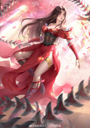 Rule 34 | 1girl, absurdres, artist request, bare shoulders, boots, brown hair, cherry blossoms, chi lian (qinshi mingyue), dress, falling petals, full body, highres, holding, holding whip, leg up, light rays, long hair, off-shoulder dress, off shoulder, petals, qinshi mingyue, rainbow gradient, red dress, second-party source, solo, thighlet
