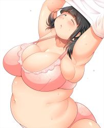 Rule 34 | 1girl, armpits, arms up, belly, black eyes, black hair, blush, bra, breasts, cleavage, clothes lift, fat, highres, huge breasts, obese, one eye closed, panties, shimejix, shirt, shirt lift, solo, sweat, underwear, wink