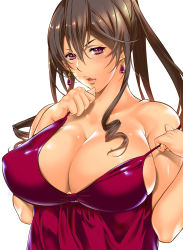 Rule 34 | 1girl, bare shoulders, breasts, brown hair, cleavage, earrings, highres, jewelry, large breasts, lips, long hair, looking at viewer, parted lips, pink hair, shigaoka, shiny clothes, shiny skin, simple background, solo, strap slip, white background