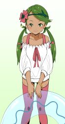 Rule 34 | 1girl, alternate costume, bangle, bare shoulders, blush, bracelet, closed mouth, collarbone, creatures (company), dress, flower, frilled dress, frills, game freak, gradient background, green background, green eyes, green hair, hair flower, hair ornament, headband, highres, innertube, jewelry, legs apart, long sleeves, looking at viewer, low twintails, mallow (pokemon), ninchan, nintendo, pink ribbon, pink thighhighs, pokemon, pokemon sm, puffy long sleeves, puffy sleeves, ribbon, shirt, smile, solo, standing, swept bangs, swim ring, thighhighs, transparent, twintails, white dress, white shirt, zettai ryouiki