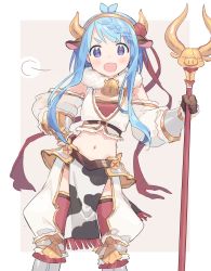 Rule 34 | 1girl, animal ears, animal print, armor, bell, belt, blouse, blue eyes, blue hair, blush, braid, braided bangs, chaps, collar, cow ears, cow print, detached sleeves, eyebrows hidden by hair, faulds, gold trim, hairband, hand on own hip, highres, holding, holding staff, long hair, mahiru (princess connect!), mahiru (ranger) (princess connect!), navel, neck bell, open mouth, pelvic curtain, princess connect!, puffy sleeves, red ribbon, red thighhighs, ribbon, shirt, sidelocks, simple background, solo, staff, stomach, swept bangs, tagme, tareme, thighhighs, two-tone background, v-shaped eyebrows, white background, white shirt, zuho (vega)