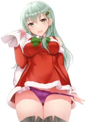 Rule 34 | 1girl, absurdres, aqua hair, blush, boots, bow, bowtie, breasts, cameltoe, christmas, christmas tree hair ornament, detached sleeves, dress, fur trim, green bow, green bowtie, green eyes, hair between eyes, hair ornament, highres, holding, holding sack, interstellar, kantai collection, large breasts, long hair, open mouth, panties, panty pull, pink panties, red dress, sack, santa costume, simple background, solo, suzuya (kancolle), thigh boots, thighhighs, underwear, white background