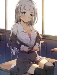 Rule 34 | 1girl, backlighting, black jacket, black skirt, black thighhighs, blouse, blue eyes, blush, bow, bow bra, bra, braid, braided bangs, breasts, cleavage, closed mouth, collarbone, collared shirt, commentary request, day, desk, dress shirt, earrings, feet out of frame, grey hair, highres, hisakawa hayate, idolmaster, idolmaster cinderella girls, indoors, jacket, jewelry, juliet sleeves, long hair, long sleeves, looking at viewer, on desk, pink bra, puffy sleeves, school desk, seneto, shirt, sitting, on desk, skirt, sleeves past wrists, small breasts, smile, solo, thighhighs, underwear, undressing, very long hair, white shirt, window