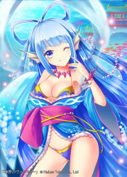 Rule 34 | 1girl, armpits, bare shoulders, bikini, bikini under clothes, blue eyes, blue hair, breasts, copyright name, fins, fish, head fins, jewelry, long hair, necklace, obi, official art, one eye closed, sash, shinkai no valkyrie, solo, swimsuit, underwater, very long hair, yoshino35