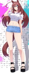 Rule 34 | 1girl, absurdres, ahoge, animal ears, bare shoulders, blue eyes, breasts, brown hair, closed mouth, collarbone, commentary request, crop top, cropped shirt, denim, denim shorts, drop shadow, full body, gluteal fold, groin, hair between eyes, hand up, highres, horse ears, horse girl, horse tail, huge ahoge, large breasts, long hair, looking at viewer, midriff, mihono bourbon (umamusume), navel, off-shoulder shirt, off shoulder, platform footwear, platform sandals, psd available, reibun (raven1119), sandals, shadow, shirt, short shorts, short sleeves, shorts, sidelocks, solo, standing, tail, umamusume, wedge heels, white shirt
