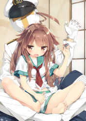 Rule 34 | 10s, 1boy, 1girl, admiral (kancolle), ahoge, barefoot, blush, brown eyes, brown hair, fang, feet, gloves, hand on another&#039;s stomach, hands on feet, hat, jewelry, kani biimu, kantai collection, kuma (kancolle), long hair, midriff, no shoes, open mouth, ring, school uniform, serafuku, shorts, sitting, sitting on lap, sitting on person, soles, toes, white legwear