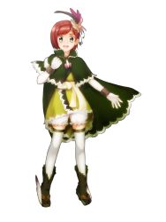 Rule 34 | 1girl, agi, bad id, bad pixiv id, bloomers, bow, bracelet, cape, dress, elbow gloves, feathers, female focus, full body, gloves, green cape, green dress, green eyes, hosokawa gracia, jewelry, red hair, sandals, sengoku musou, sengoku musou 2, short dress, short hair, simple background, smile, solo, thighhighs, underwear, white background, white thighhighs