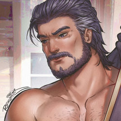 Rule 34 | 1boy, beard, blurry, blurry background, chest hair, close-up, collarbone, door, duessel (fire emblem), facial hair, fire emblem, fire emblem: the sacred stones, fire emblem heroes, gloves, gold trim, grey eyes, grey hair, lips, looking away, looking down, male focus, multicolored hair, muscular, mustache, nintendo, pectorals, portrait, purple gloves, purple shirt, reirotic, shadow, shirt, signature, solo, two-tone hair, undressing, white hair