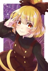 Rule 34 | 1girl, alto2019, black bow, blonde hair, bow, brown dress, closed mouth, dress, hair bow, highres, kurodani yamame, long sleeves, looking at viewer, one-hour drawing challenge, outside border, short hair, smile, solo, spider web background, touhou, upper body, yellow eyes
