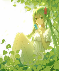 Rule 34 | 1girl, alternate eye color, alternate hair color, bare legs, barefoot, candy, dress, flower, food, from side, full body, green eyes, green hair, green theme, hair flower, hair ornament, hatsune miku, highres, ivy, knees up, lan jue, legs, legs together, light frown, lollipop, looking at viewer, matching hair/eyes, plant, short sleeves, sitting, solo, twintails, vines, vocaloid, white dress