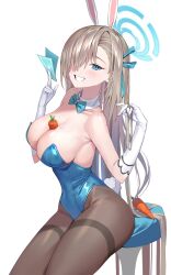 Rule 34 | 1girl, absurdres, animal ears, aqua leotard, asuna (blue archive), asuna (bunny) (blue archive), banknote, between breasts, blue archive, blue bow, blue bowtie, blue eyes, blue leotard, bow, bowtie, braid, braided bun, breasts, brown pantyhose, carrot, chair, detached collar, elbow gloves, fake animal ears, fake tail, gloves, hair bun, hair over one eye, hair ribbon, highleg, highleg leotard, highres, large breasts, leotard, light brown hair, looking at viewer, mole, mole on breast, money, official alternate costume, pantyhose, playboy bunny, posom, rabbit ears, rabbit tail, ribbon, sitting, solo, strapless, strapless leotard, tail, thighband pantyhose, traditional bowtie, white background