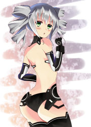 Rule 34 | 10s, 1girl, absurdres, ass, bare shoulders, black sister, blush, drill hair, female focus, from behind, green eyes, highres, looking back, mikususannda, neptune (series), open mouth, silver hair, solo, symbol-shaped pupils, twin drills, uni (neptunia)