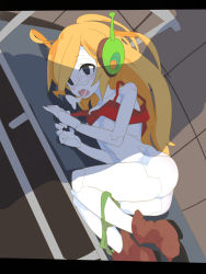 Rule 34 | 1girl, android, ass, bed, black eyes, blonde hair, boots, breasts, clothes lift, colored skin, crop top, cum, cum in mouth, curly brace, doukutsu monogatari, dutch angle, empty eyes, facial, female focus, green panties, highres, joints, long hair, lying, no nipples, on bed, on side, panties, panty pull, robot ears, robot joints, shirt lift, small breasts, solo, tomatojam, underwear, white skin