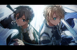 Rule 34 | 2boys, armor, backlighting, black jacket, blonde hair, blue armor, blue eyes, bunbun, closed mouth, collared jacket, commentary request, eugeo, green eyes, grey hair, hair between eyes, hands up, highres, holding, holding sword, holding weapon, jacket, kirito, letterboxed, long sleeves, looking at viewer, male focus, multiple boys, short hair, smile, sword, sword art online, upper body, weapon, weapon on back