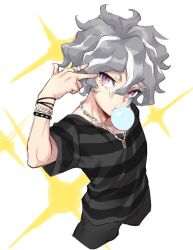 Rule 34 | bad id, bad pixiv id, blowing bubbles, chain, chain necklace, chewing gum, dark-skinned male, dark skin, eyelashes, facial tattoo, from above, grey hair, inazuma eleven (series), jewelry, kira hiroto, looking at viewer, male focus, necklace, nosaka yuma (pixiv), pink eyes, purple eyes, simple background, solo, tattoo, wavy hair, white background