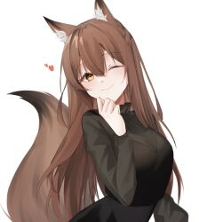 Rule 34 | 1girl, ;), animal ears, arknights, black shirt, brown eyes, brown hair, fox ears, fox girl, fox tail, franka (arknights), goma 74umai, heart, highres, long hair, long sleeves, looking at viewer, one eye closed, shirt, simple background, smile, solo, tail, upper body, white background