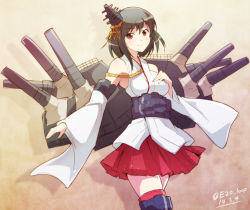 Rule 34 | 10s, 1girl, bare shoulders, black hair, breasts, dated, detached sleeves, e20, hair ornament, hand on own chest, japanese clothes, kantai collection, nontraditional miko, personification, red eyes, short hair, skirt, smile, twitter username, yamashiro (kancolle)