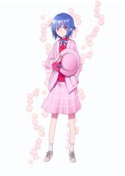 Rule 34 | blue gemstone, blue hair, brown footwear, commentary, commentary request, floral background, flower, gem, hat, highres, holding, holding clothes, holding hat, jacket, necktie, ni piao xiancai, pink hat, pink jacket, pink skirt, pointy ears, red eyes, red ribbon, red shirt, remilia scarlet, ribbon, shirt, shoes, short hair, skirt, socks, touhou, unworn hat, unworn headwear, white background