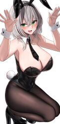 Rule 34 | 1girl, animal ears, black leotard, blush, braid, breasts, cleavage, collar, commentary, commentary request, detached collar, fake animal ears, full body, green eyes, grey hair, hana hebi, high heels, highres, hololive, kneeling, large breasts, leotard, looking at viewer, medium hair, mole, mole on breast, necktie, open mouth, playboy bunny, rabbit ears, rabbit tail, shirogane noel, simple background, smile, tail, virtual youtuber, white collar, white wrist cuffs, wrist cuffs