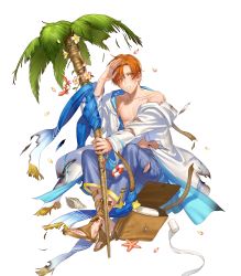 Rule 34 | abs, bag, bandages, bracelet, coconut tree, fire emblem, fire emblem: radiant dawn, fire emblem heroes, flower, full body, highres, injury, jewelry, kippu, leaf, navel, nintendo, official art, one eye closed, open clothes, open shirt, orange eyes, orange hair, palm tree, petals, rhys (fire emblem), sandals, seashell, shell, sitting, solo, staff, starfish, teeth, torn clothes, transparent background, tree