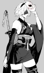 Rule 34 | 1girl, 2b (nier:automata), absurdres, bare shoulders, blindfold, breasts, commentary request, detached sleeves, fox mask, greyscale, hairband, highres, holding, holding mask, japanese clothes, katana, kimono, large breasts, mask, monochrome, nier:automata, nier (series), nishiii26miii, obi, obijime, sash, short hair, short kimono, sideboob, simple background, sleeveless, sleeveless kimono, solo, sword, thighhighs, weapon, weapon on back, wide sleeves