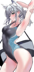 Rule 34 | 1girl, absurdres, animal ears, armpits, arms up, bad id, bad twitter id, bag, blue archive, blue eyes, blush, breasts, competition swimsuit, ear piercing, grey hair, hair between eyes, highleg, highleg swimsuit, highres, looking at viewer, medium breasts, one-piece swimsuit, parted lips, piercing, ponytail, shiroko (blue archive), shiroko (swimsuit) (blue archive), simple background, sketch, solo, swimsuit, ulrich (tagaragakuin), wet, white background