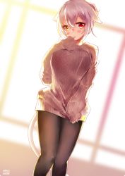 Rule 34 | 1girl, animal ears, black legwear, blush, breasts, cat ears, cat tail, closed mouth, clothes tug, dutch angle, final fantasy, final fantasy xiv, heterochromia, highres, large breasts, lili mdoki, looking at viewer, miqo&#039;te, short hair, signature, silver hair, sleeves past wrists, slit pupils, solo, standing, sweater, sweater tug, tail