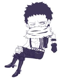 Rule 34 | 1boy, abs, arm tattoo, belt, belt buckle, bracelet, buckle, charlotte katakuri, chest tattoo, chibi, covered mouth, crossed legs, forehead, full body, fur collar, gloves, half-closed eye, jewelry, knee pads, looking to the side, male focus, monochrome, no shirt, one eye closed, one piece, open clothes, open vest, pants, pectorals, sasamiman, scar, scar on face, shiny clothes, shoes, short hair, simple background, sitting, sketch, solo, spiked bracelet, spikes, spurs, tattoo, thigh strap, vest, white background