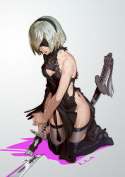 Rule 34 | 1girl, artist name, bare shoulders, blindfold, boots, breasts, broken, broken sword, broken weapon, dress, female focus, full body, gradient background, headband, high heel boots, high heels, highres, holding, holding weapon, katana, l.k, nier (series), nier:automata, no panties, parted lips, short hair, solo, sword, thighhighs, torn clothes, torn thighhighs, weapon, white background, 2b (nier:automata)