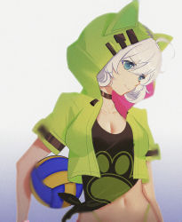 Rule 34 | 1girl, absurdres, antenna hair, ball, black shirt, blue eyes, breasts, cleavage, closed mouth, double bun, green jacket, hair between eyes, hair bun, highres, honkai (series), honkai impact 3rd, huge filesize, jacket, kiana kaslana, kiana kaslana (knight moonbeam), navel, shirt, smile, solo, summer uniform, user nsew8342, volleyball, volleyball (object), white hair