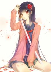 Rule 34 | 1girl, barefoot, black hair, cardigan, highres, holding, holding sword, holding weapon, jne, katana, long hair, looking at viewer, open cardigan, open clothes, original, pleated skirt, red eyes, school uniform, serafuku, sitting, skirt, solo, sword, weapon, white background