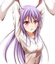 Rule 34 | 1girl, animal ears, arms behind head, arms up, bad id, bad pixiv id, breasts, collarbone, kuroganeruto, long hair, long sleeves, looking at viewer, no jacket, open mouth, pink eyes, purple hair, rabbit ears, reisen udongein inaba, simple background, solo, stretching, touhou, upper body, white background